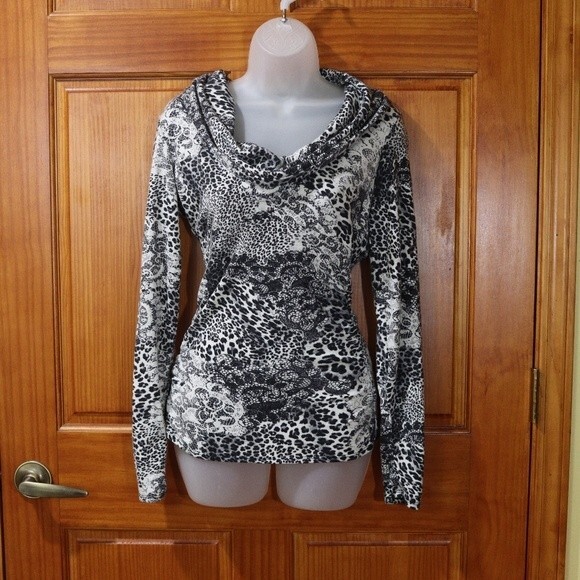 Cache Vintage Mixed Animal Print Cowl Neck Long Sleeve Top Medium - Picture 14 of 16